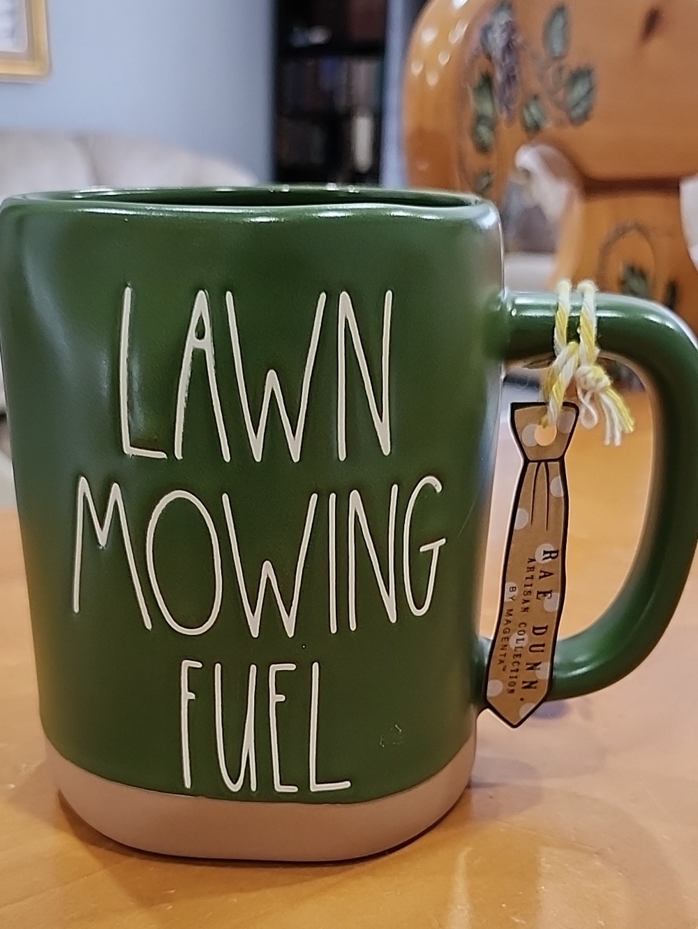Rae Dunn Green and Cream 'LAWN MOWING FUEL' Ceramic Mug